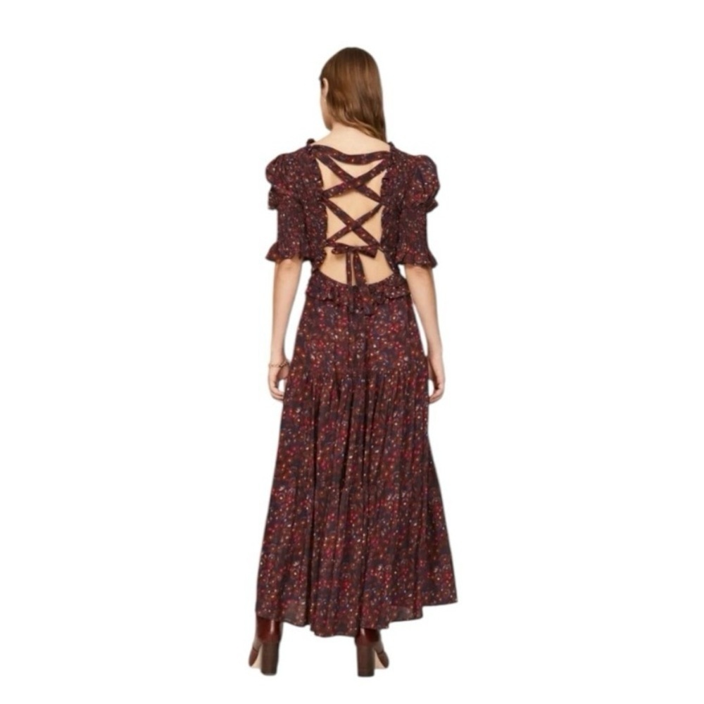 Sea New York Ilana Midi Dress Smocked Puff Sleeve Open Tie Back Floral Print M